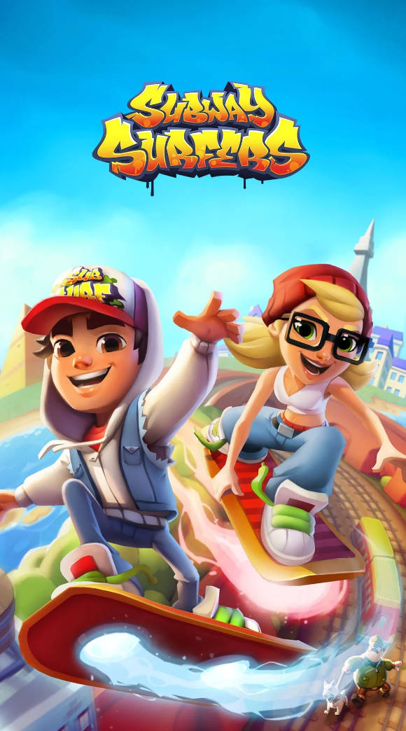 Subway Surfers 角色在城市列车场景中滑行